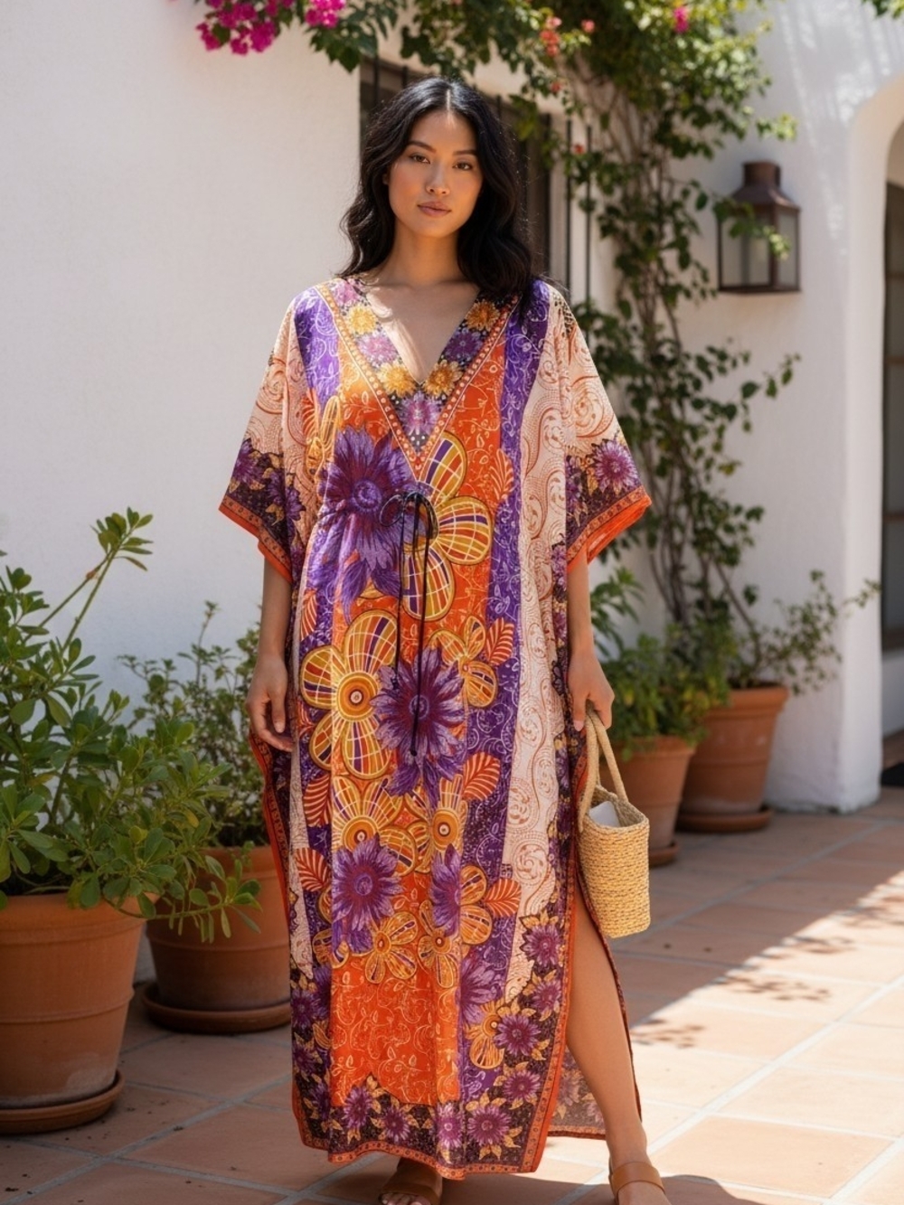 vibrant maxi caftan features a bold purple and orange floral batik